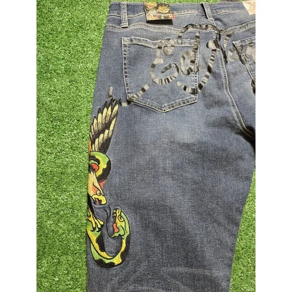 NWT Ed Hardy Eagle Snake Slim Straight Y2K Med Blue Denim Jeans (Men's 36)